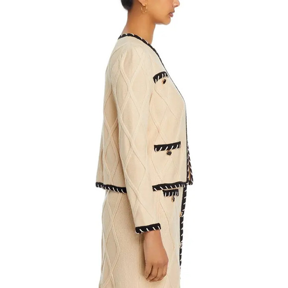 NEW Misook Contrast Trim Knit Jacket Textural Cable Knit Biscotti Black Size XL - Picture 5 of 10